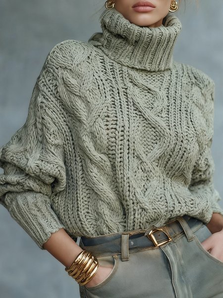 

Casual Plain Turtleneck Sweater, Lightgreen, Pullovers