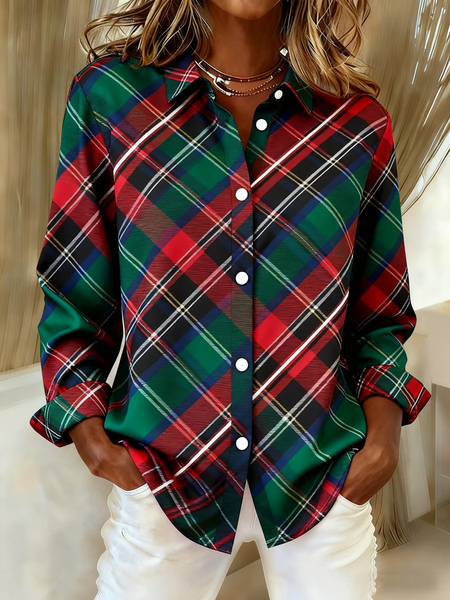 

Women Plaid Long Sleeve Shirt Spring/Fall Buckle Shirt Collar Regular Sleeve Daily Casual Top, Green, Shirts
