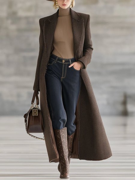 

Urban Shoulder Pad Plaid Lapel Collar Coat, Brown, Coats