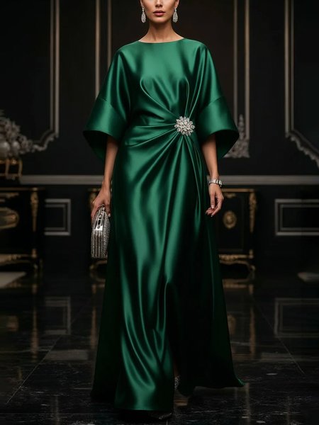 Elegant Plain Satin Crew Neck Party Maxi Dress