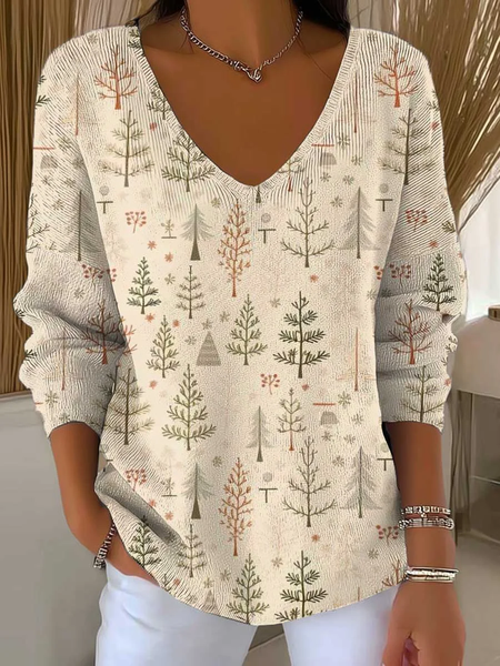 

Women Christmas Long Sleeve Tee T-shirt V Neck Printing Casual Spring/Fall Top, Apricot, T-Shirts