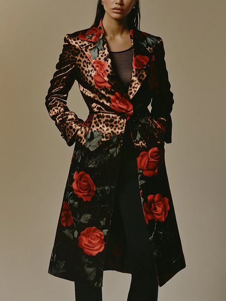 

Urban Printing Floral Lapel Collar Trench Coat, Red, Coats