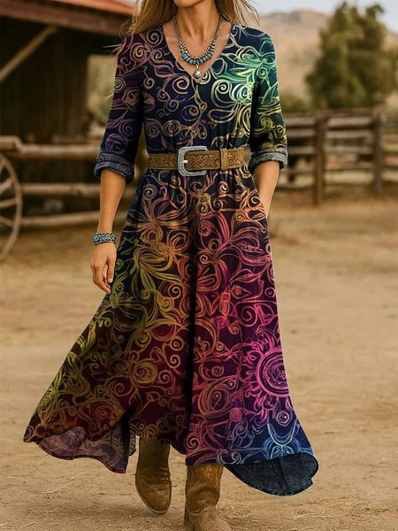 

Women Floral Spring/Fall Dress V Neck Long Sleeve H-Line Dress, Color2, Dresses
