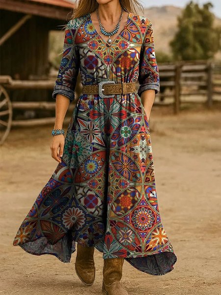 

Women Floral Spring/Fall Dress V Neck Long Sleeve H-Line Dress, Color2, Dresses