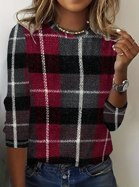

Casual Plaid Crew Neck Long Sleeve T-shirt, As picture, T-shirts