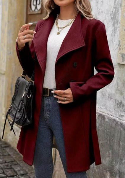 

Plain Casual Trench Coat, Wine red, Outerwear