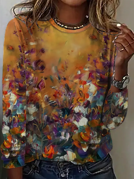 

Women Floral Long Sleeve Tee T-shirt Crew Neck Printing Casual Spring/Fall Graphic Tee Top, Yellow brown, T-Shirts