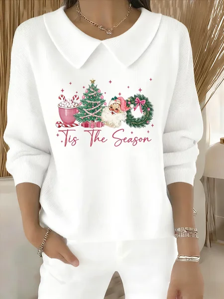 

Women Santa Claus Printing Spring/Fall Casual Long Sleeve Shawl Collar Sweater, White, Sweaters