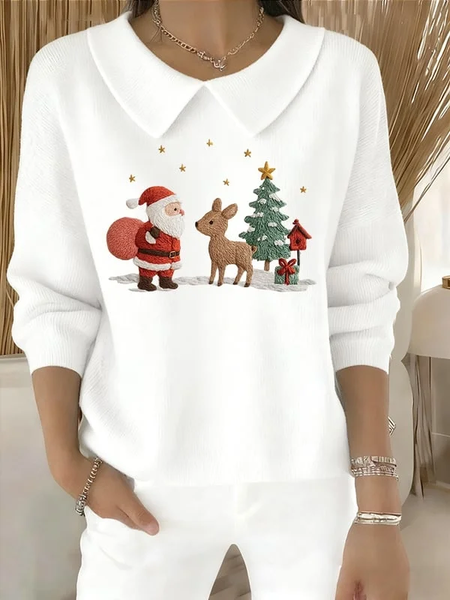 

Women Santa Claus Printing Spring/Fall Casual Long Sleeve Shawl Collar Sweater, White, Sweaters