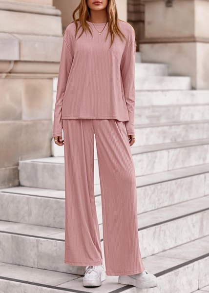 

Casual Regular Fit Plain Crew Neck Two-Piece Set, Pink, Suits