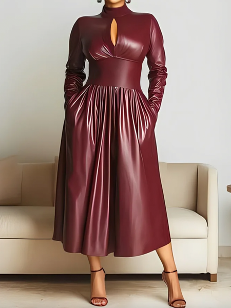 

Elegant Plain Stand Collar Midi Dress, Wine red, Midi Dresses