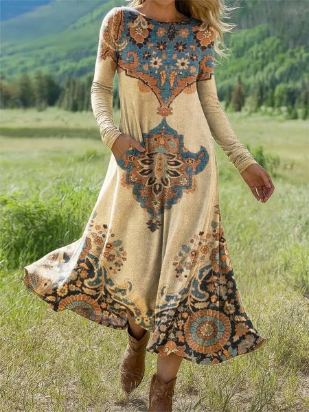 

Women Geometric Summer Dress Crew Neck Long Sleeve H-Line Dress, As picture, Dresses