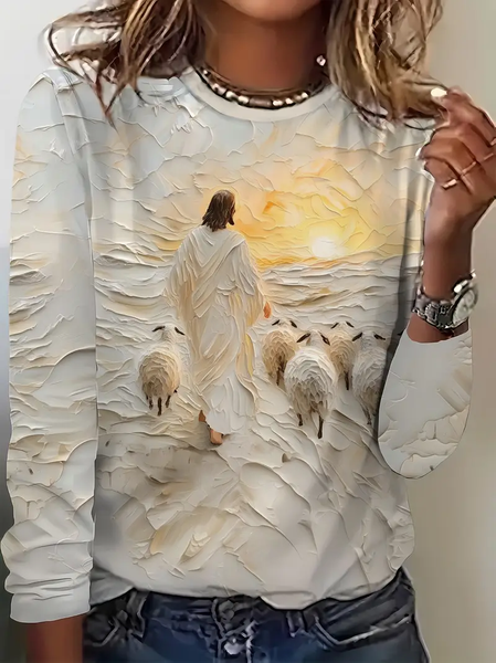

Women Jesus Copy Long Sleeve Tee T-shirt Crew Neck Printing Casual Spring/Fall Graphic Tee Top, Apricot, T-Shirts