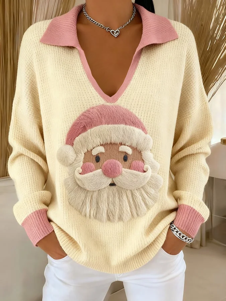 

Women Santa Claus Printing Spring/Fall Casual Long Sleeve Shawl Collar Sweater, Beige, Sweaters