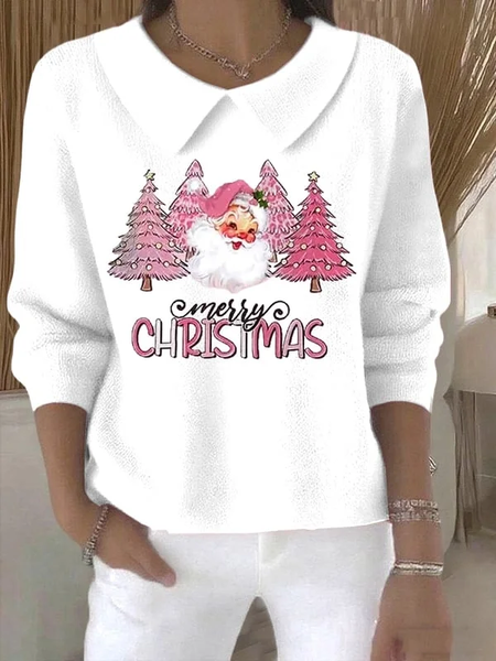 

Women Santa Claus Printing Spring/Fall Casual Long Sleeve Shawl Collar Sweater, White, Sweaters