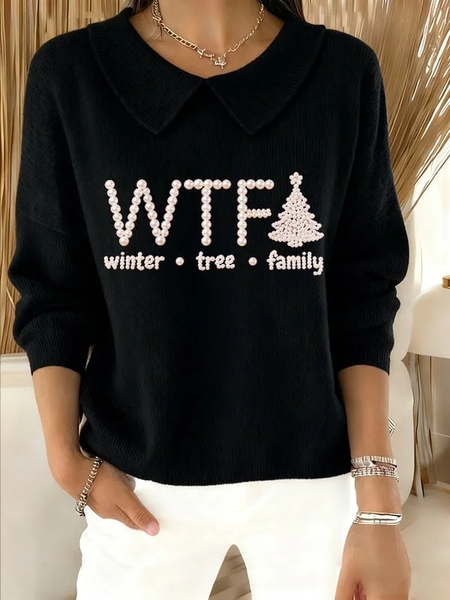 

Women Christmas Printing Spring/Fall Casual Long Sleeve Shawl Collar Sweater, Black, Sweaters