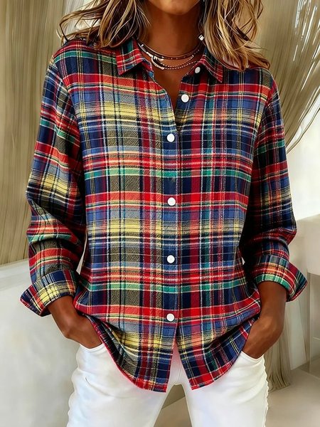 

Shawl Collar Long Sleeve Plaid Regular Loose Shirt For Women, Color3, Shirts