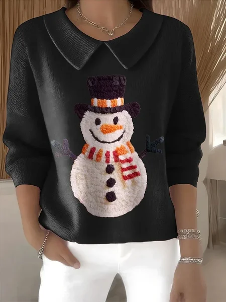 

Women Christmas Snowman Printing Spring/Fall Casual Long Sleeve Shawl Collar Sweater, Black, Sweaters