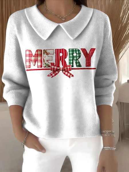

Women Christmas Printing Spring/Fall Casual Long Sleeve Shawl Collar Sweater, White, Sweaters