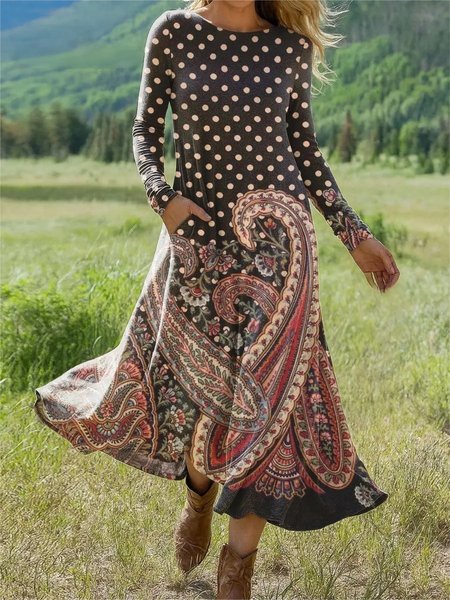 

Women Floral Summer Dress Crew Neck Long Sleeve H-Line Dress, As picture, Dresses