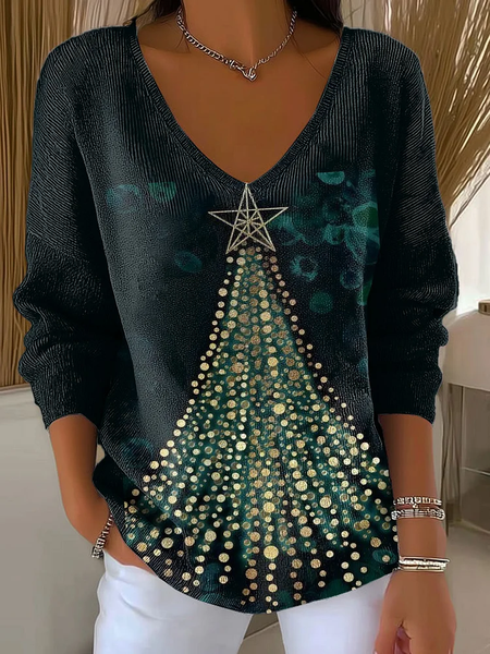 

Women Christmas Long Sleeve Tee T-shirt V Neck Printing Casual Spring/Fall Top, Green, T-Shirts