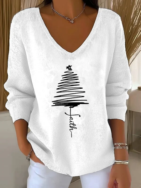 

Women Christmas Long Sleeve Tee T-shirt V Neck Printing Casual Spring/Fall Top, White, T-Shirts