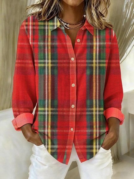 

Shawl Collar Long Sleeve Plaid Regular Loose Shirt For Women, Color3, Shirts