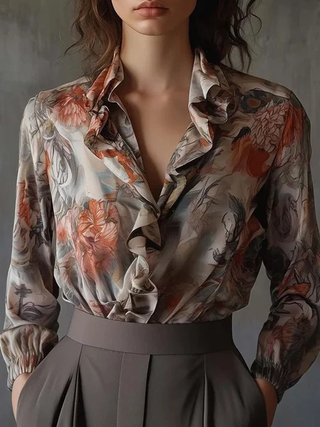 

Urban Floral Printing Peplum V Neck Shirt, As picture, Blouses and Shirts