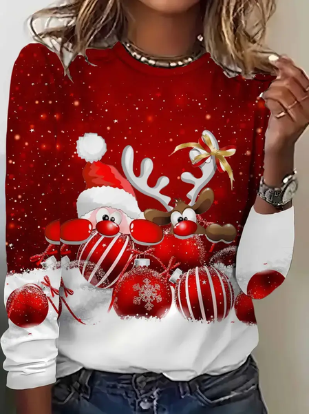 

Women Christmas Long Sleeve Tee T-shirt Crew Neck Printing Casual Spring/Fall Graphic Tee Top, Red, T-Shirts