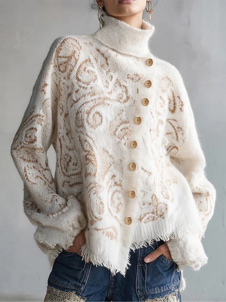 

Casual Random Print Buttoned Turtleneck Sweater, As picture, Pullovers