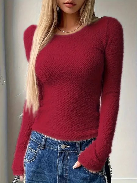 

Women Plain Long Sleeve Tee T-shirt Crew Neck Split Joint Casual Spring/Fall Top, Wine red, T-Shirts