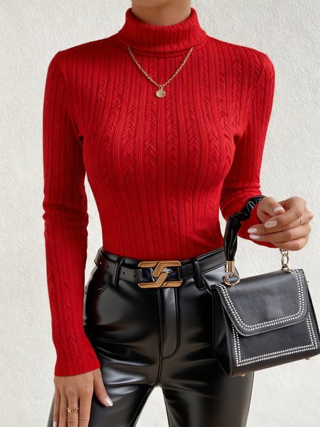 

Urban Plain Turtleneck Regular Sleeve T-shirt, Red, Tees