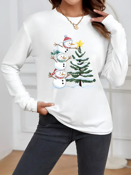 

Women Christmas Snowman Long Sleeve Tee T-shirt Crew Neck Printing Casual Spring/Fall Graphic Tee Top, White, T-Shirts
