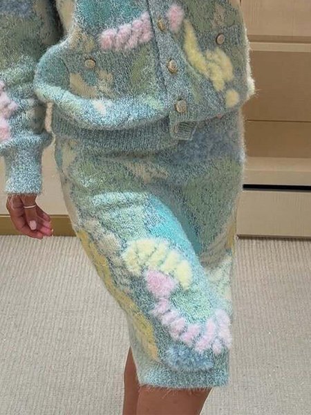 

Elegant Random Print Sweater Knee Length Skirt, Blue, Skirts