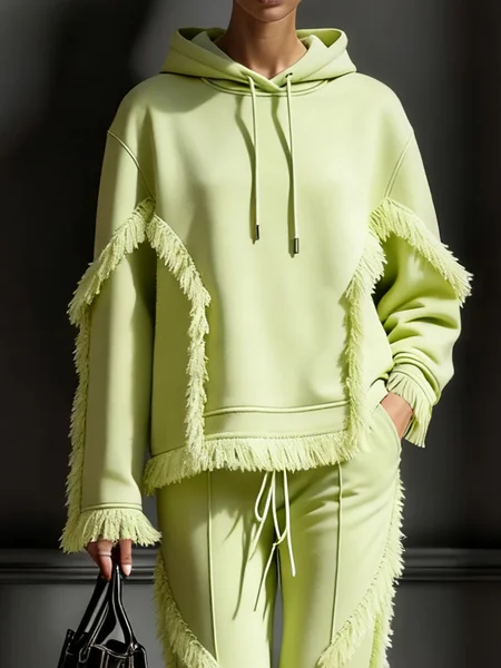 Casual Plain Tassel Hoodie Hoodie