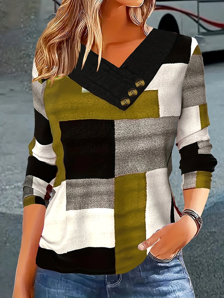 

Casual Abstract Cross Neck Long Sleeve T-shirt, Tan, T-shirts