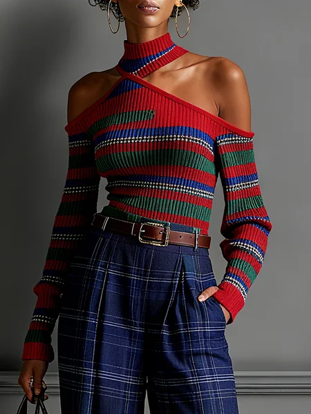 

Urban Color Block Hollow Out Halter Sweater, Red, Pullovers