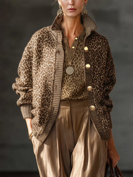 

Plus Size Urban Leopard Buttoned Mock Neck Cardigan, Brown, Plus Outerwear