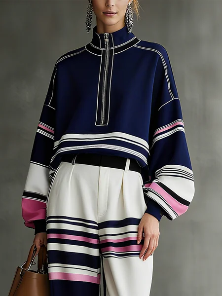 

Casual Abstract Stripes Printing Mock Neck Sweatshirt, White-blue, Hoodies and Sweatshirts