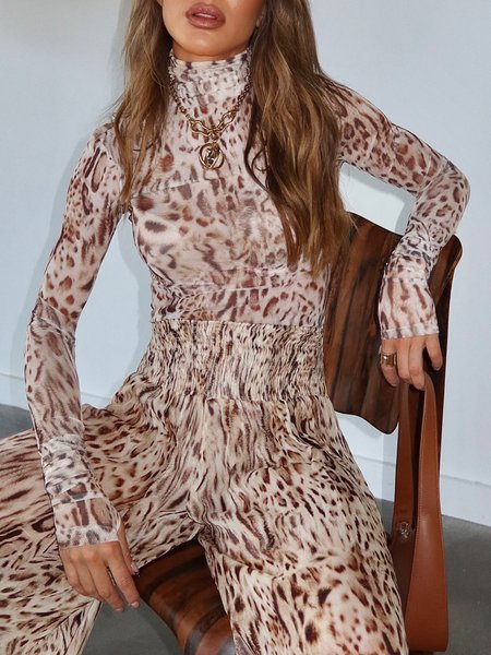 

Urban Leopard Printing Stand Collar T-shirt, Tees