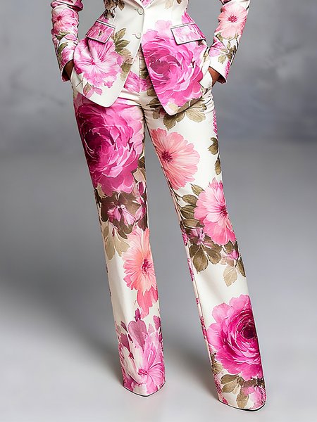 

Elegant Floral Printing Straight Pants, Pink, Pants