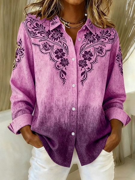 

Shirt Collar Regular Sleeve Long Sleeve Floral Buckle Regular Loose Button Up Shirt Shirt For Women, Purple, Shirts