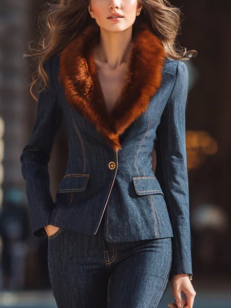 

Casual Split Joint Color Block Lapel Collar Denim Coat, Blue, Jackets
