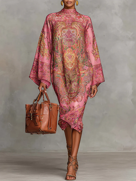 

Plus Size Urban Paisley Printing Midi Dress, Pink, Plus Dresses