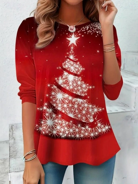 

Casual Christmas Crew Neck Long Sleeve T-shirt, Red, T-shirts