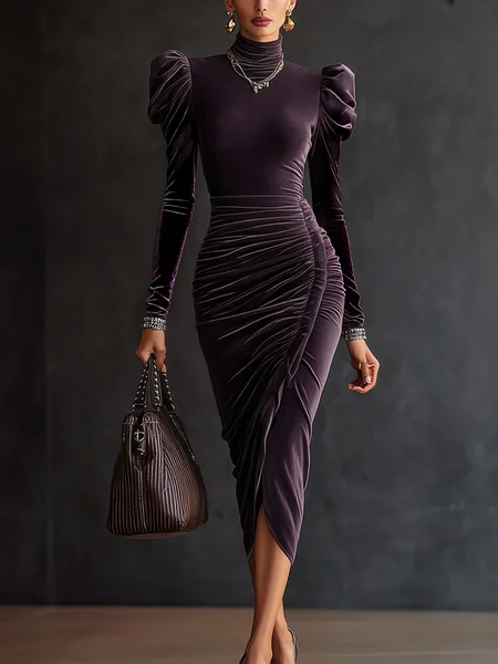 Urban Plain Puff Sleeve Ruched Mock Neck Midi Dress