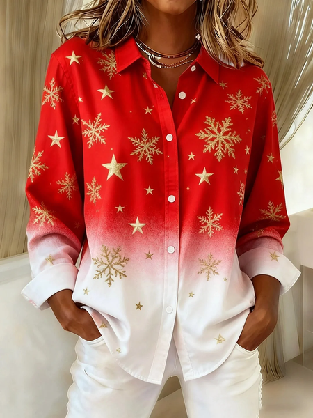 

Women Christmas Long Sleeve Shirt Spring/Fall Buckle Shirt Collar Regular Sleeve Daily Casual Top, Red, Shirts