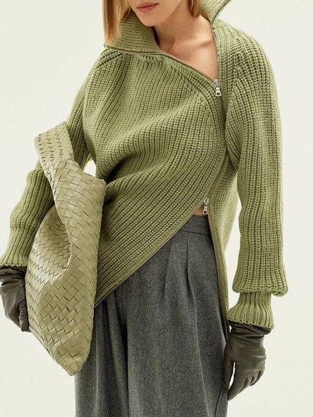 

Urban Plain Zipper Stand Collar Sweater, Green, Pullovers