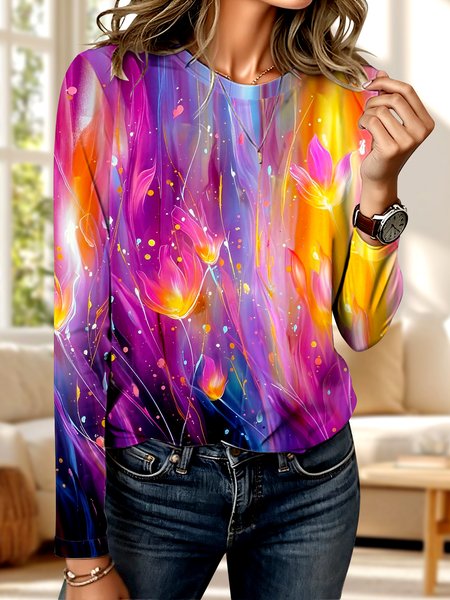 

Vintage Geometric Crew Neck Long Sleeve T-shirt, Purple, T-shirts