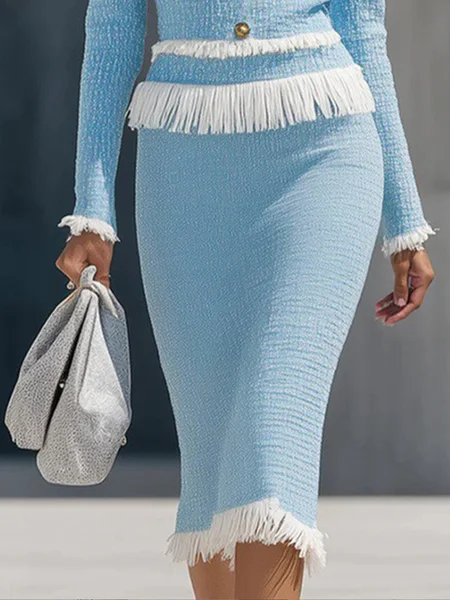 

Elegant Tassel Tweed Plain Midi Skirt, Blue, Skirts